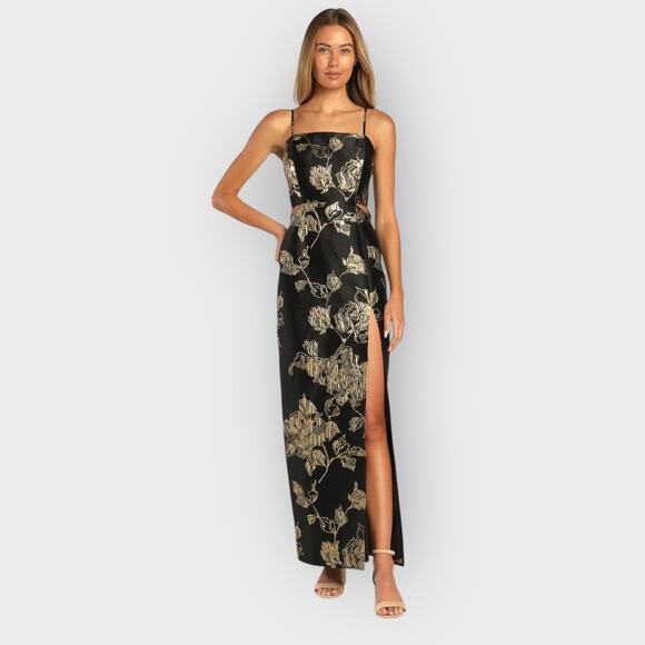 Lulus Charming Beauty XS Black Gold Floral Maxi Dress Wedding Guest V-Neck - Picture 2 of 11